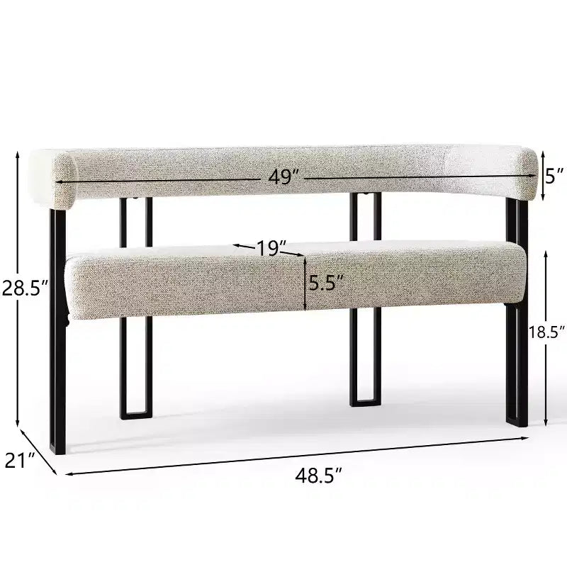 Panca moderna da 49 con schienale e braccioli, elegante panca da pranzo, divanetto a 2 posti con struttura in metallo, seduta d'accento per il soggiorno