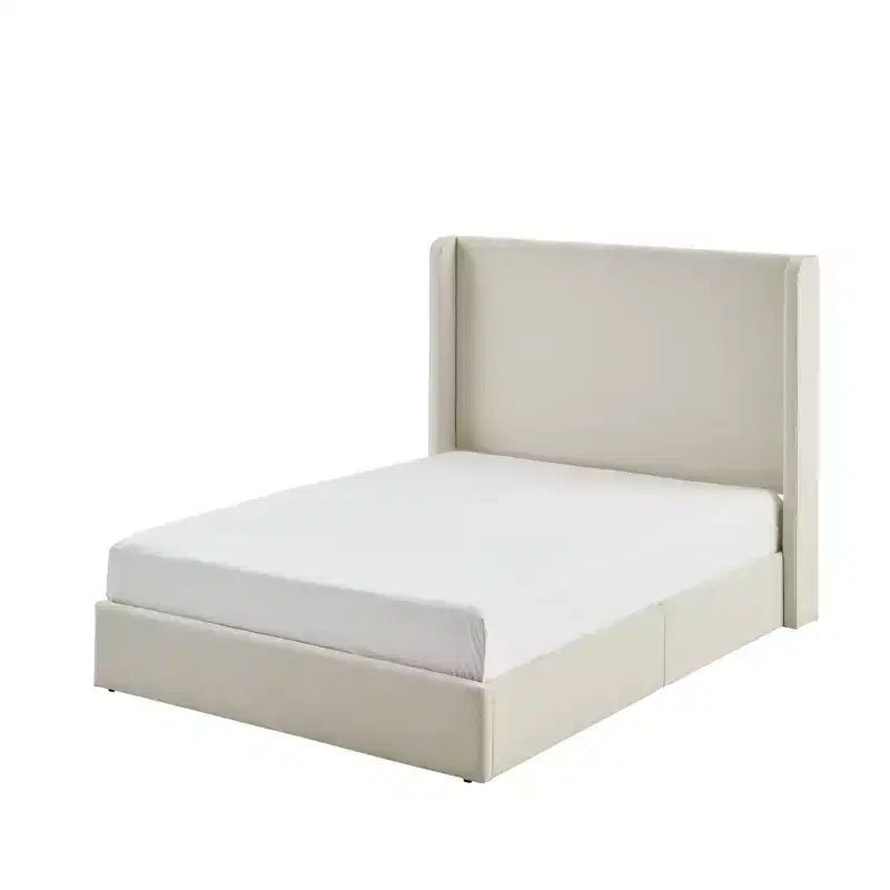 Modern Boucle Upholstered Floor Bed with Wingback