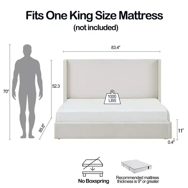 Modern Boucle Upholstered Floor Bed with Wingback