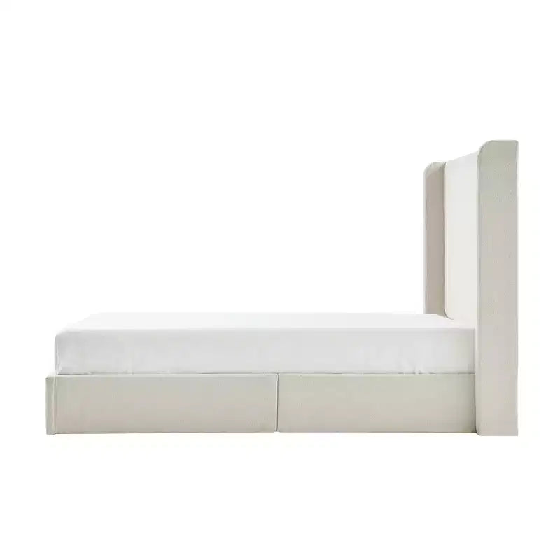 Modern Boucle Upholstered Floor Bed with Wingback