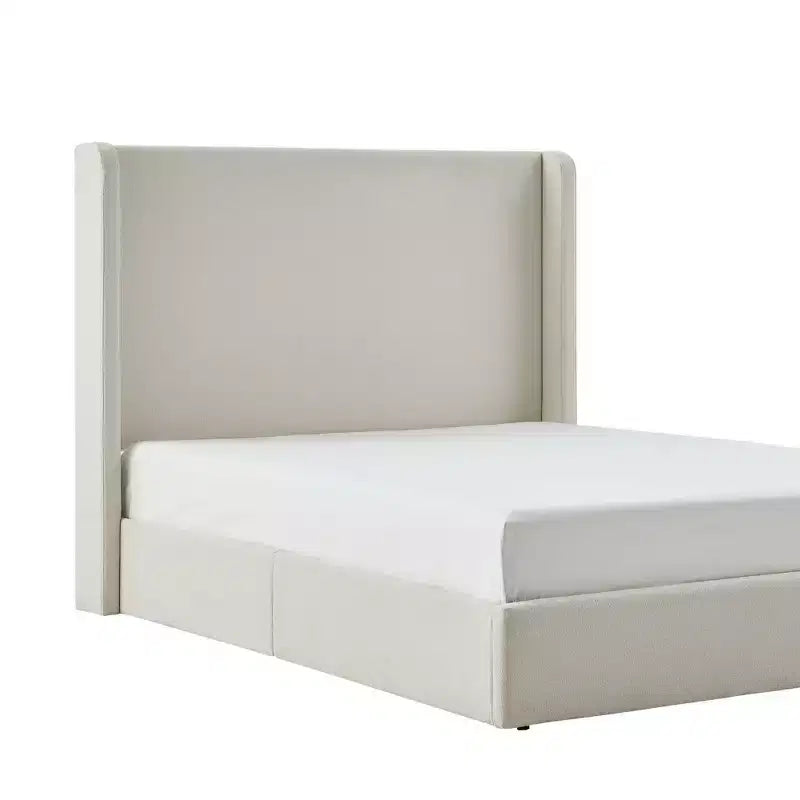Modern Boucle Upholstered Floor Bed with Wingback