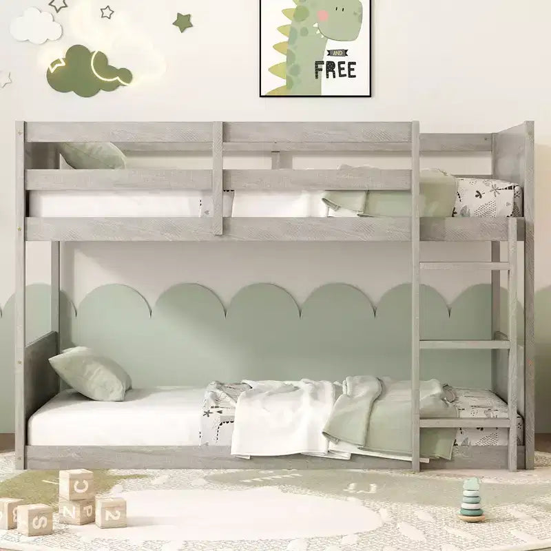 Twin over Twin Floor Bunk Bed with Panelled Headboard and Footboard