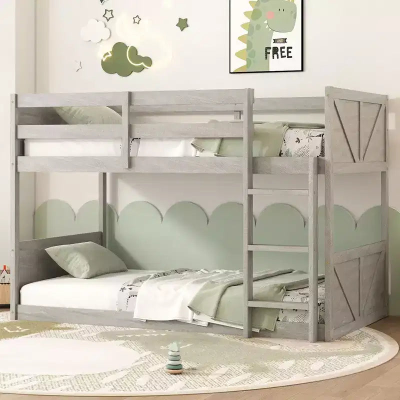 Twin over Twin Floor Bunk Bed with Panelled Headboard and Footboard