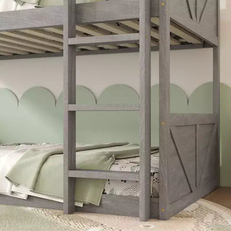 Twin over Twin Floor Bunk Bed with Panelled Headboard and Footboard
