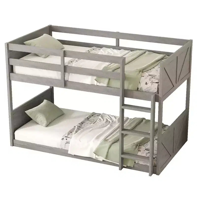 Twin over Twin Floor Bunk Bed with Panelled Headboard and Footboard