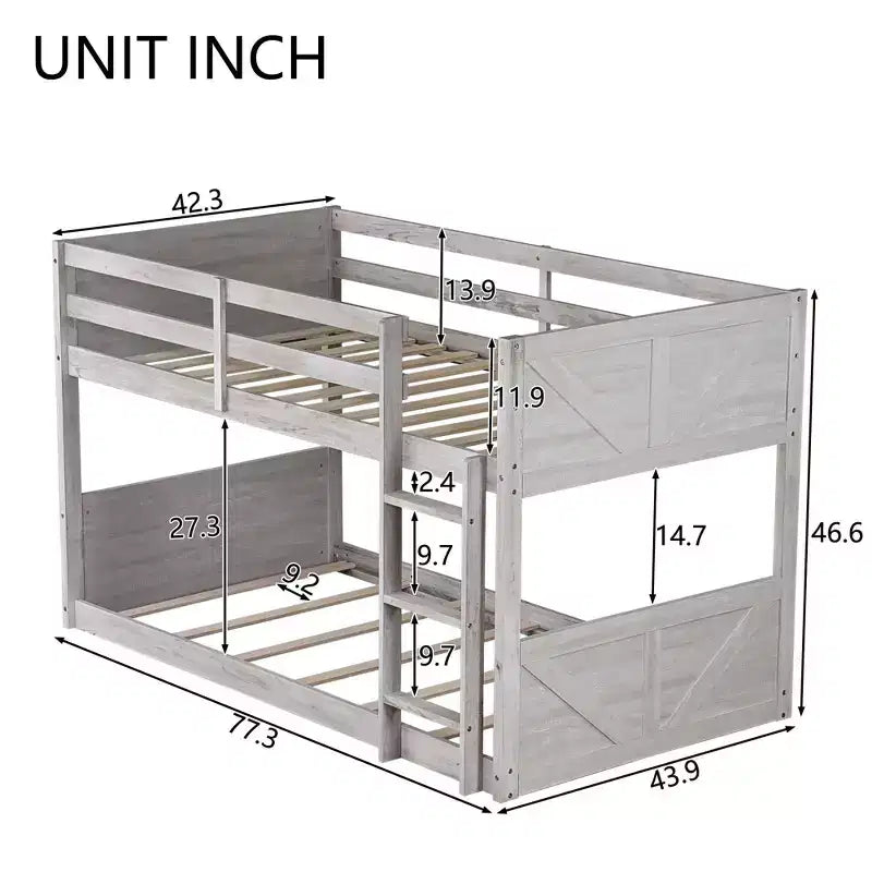 Twin over Twin Floor Bunk Bed with Panelled Headboard and Footboard